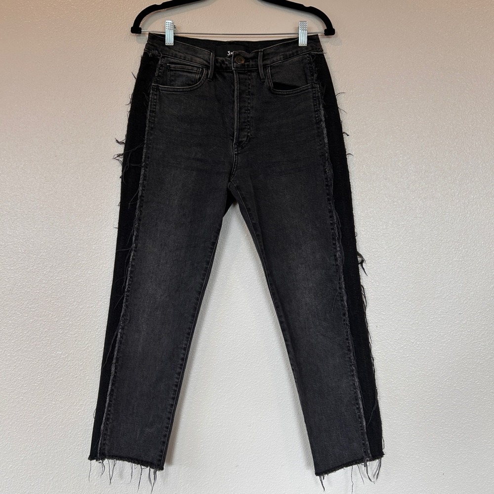 3x1 NYC Jolee Two Tone Black Frayed‎ Side Stripe Jeans Charcoal Women's Size 28